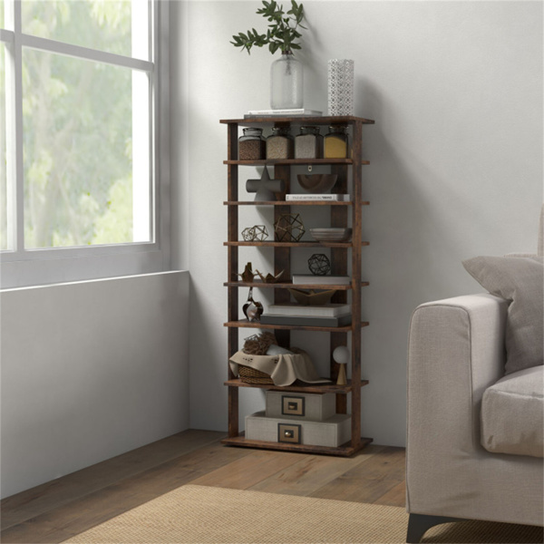 7层双排鞋架，带可调节架子，入口壁橱的防倾斜窄储物架-棕色-6