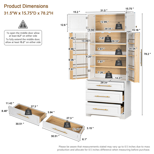 78.2英寸高乡村风格厨房储物柜，配有8个门内置物架、3个可调节搁板和3个大抽屉，多功能储物柜，适用于厨房、餐厅和浴室，复古白色。-2