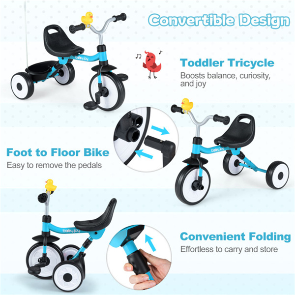 彩虹LED车轮幼儿三轮车、碳钢框架可折叠三合一平衡自行车、可拆卸踏板和后储物篮-蓝色-5