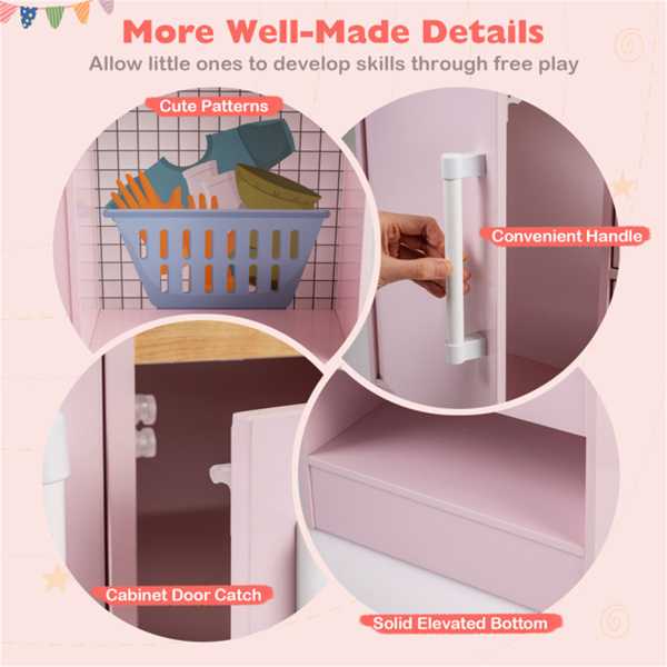 粉色双面儿童游戏厨房，配有饮水机和抽油烟机，适合3岁以上儿童使用-7