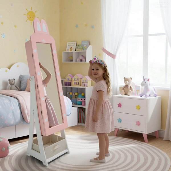 粉色 兔子元素 密度板 喷漆 1门1布抽 儿童饰品镜柜-11