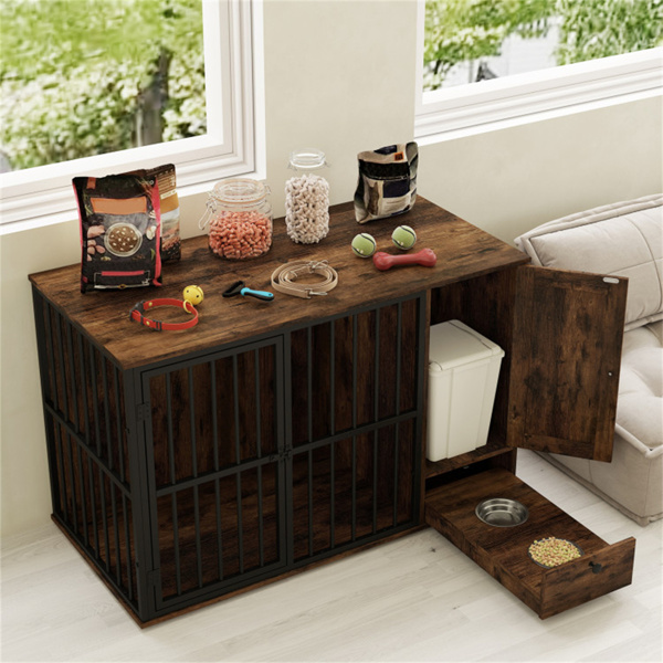 咖啡二合一狗箱端桌，带拉出式喂食器，耐咀嚼金属管宠物家具，适合中小型狗-3