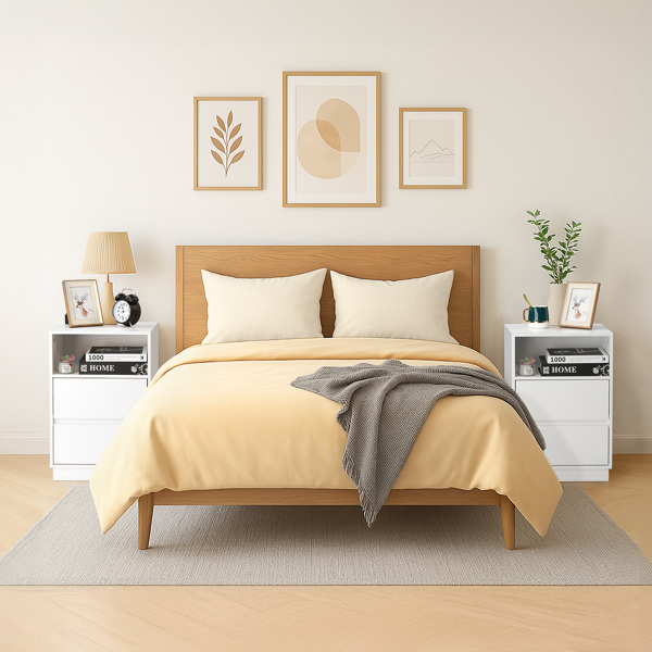 白色 P2刨花板 贴麻面三胺 抽屉斜封边 40*30*60cm 两抽带上隔层 床头柜 1PC-8