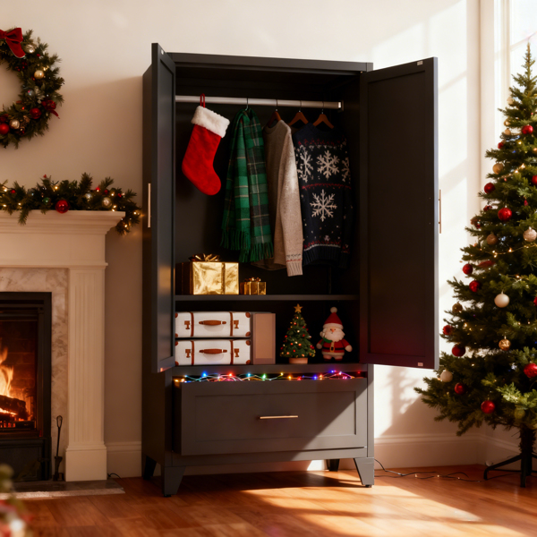 60英寸高金属衣柜，带1个抽屉和挂衣杆，双门设计，内置搁板，适用于卧室、办公室、洗衣房、玄关、门厅、客房（黑色）-2