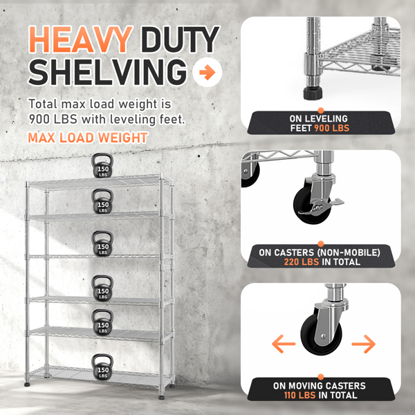  六层自由组合拆装带1排侧边挂钩  带调节脚与轮   铁 可自由调节层间距 家用层架 117*45*208cm 烤漆银 N001-27