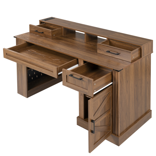 55英寸农舍风格办公桌，带储物柜和充电站，谷仓门设计电脑书桌，配备键盘托盘、显示器支架和洞洞板，适用于书房、客厅、家庭办公室，深胡桃木色。-7