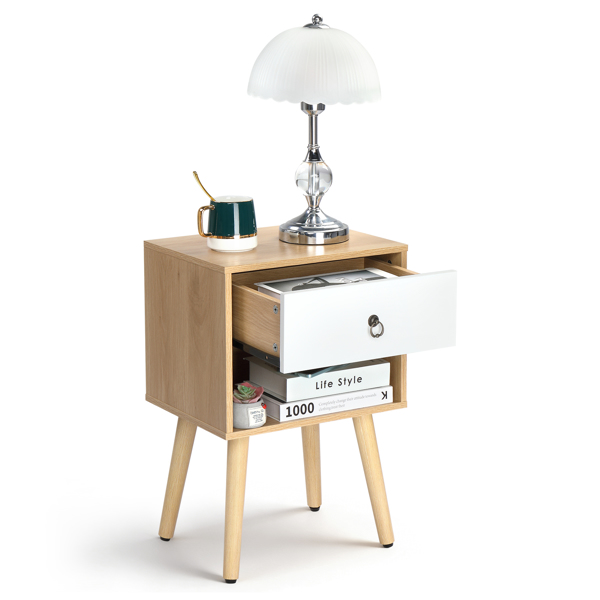 白色+橡木色 P2刨花板+实木腿 贴麻面三胺 拉环拉手 38*30*55cm 一抽带下隔层 床头柜 1PC-13