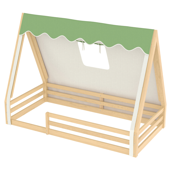 双人床尺寸儿童落地床，带帐篷和灯，实木圆锥形落地床，配有全长护栏，蒙特梭利式设计，充满童趣，天然原木色+绿色-12