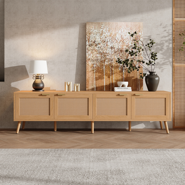 70英寸现代电视柜，配有藤编柜门，适用于最大80英寸的电视，带储物空间和电线孔，是客厅的理想娱乐中心。-2