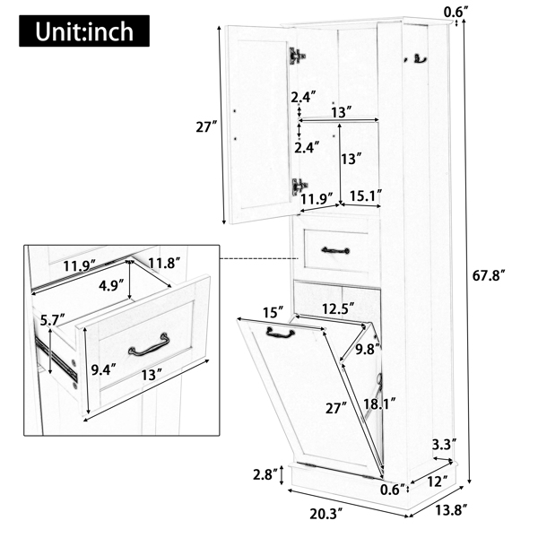 现代高款储物柜 – 翻盖式隔层，可调节搁板，承重80磅，缓闭式铰链，铝合金把手，是浴室和家居收纳的理想之选。-13