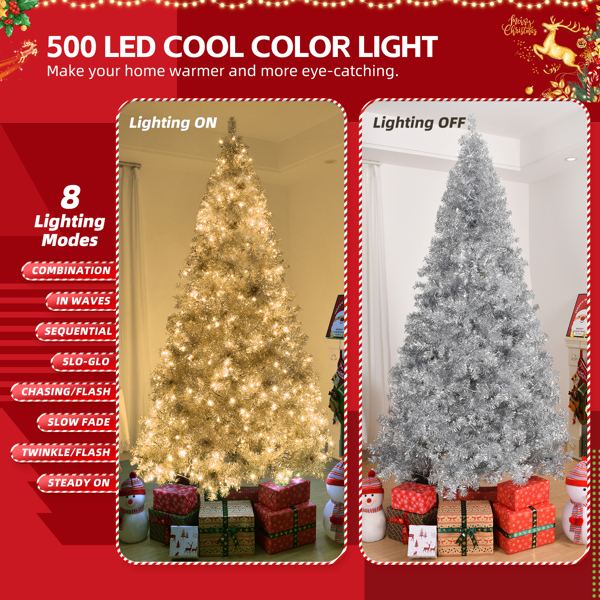 8ft 银色 500灯 暖色8模式 1350枝头 自动树结构 PET材质 圣诞树 美规-8