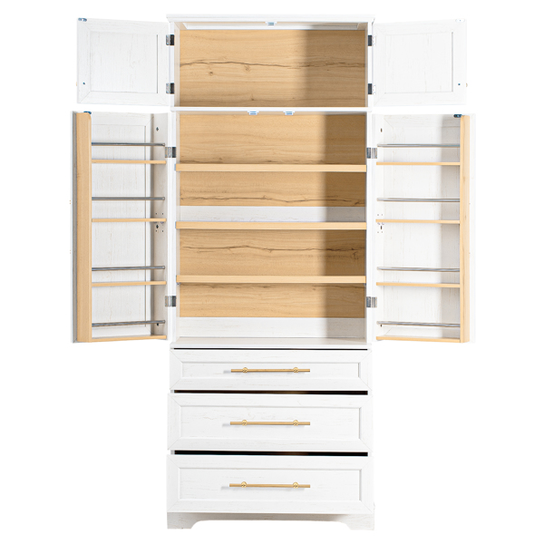 78.2英寸高乡村风格厨房储物柜，配有8个门内置物架、3个可调节搁板和3个大抽屉，多功能储物柜，适用于厨房、餐厅和浴室，复古白色。-10