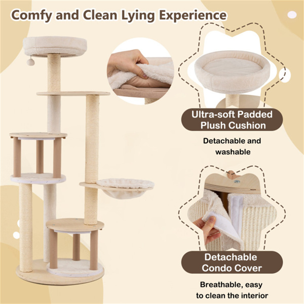 60英寸高的木制猫树多层猫塔，带剑麻抓杆和室内猫公寓，天然-5