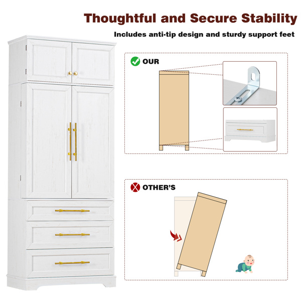 78.2英寸高乡村风格厨房储物柜，配有8个门内置物架、3个可调节搁板和3个大抽屉，多功能储物柜，适用于厨房、餐厅和浴室，复古白色。-22