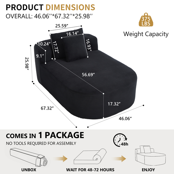 67.5英寸贵妃椅，46英寸宽座椅，室内灯芯绒超大号沙发床，适合客厅，深座设计，配有两个柔软靠枕，可转换无骨架沙发床，黑色，无需组装。-8