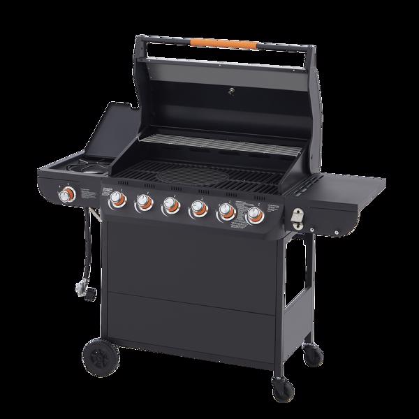 六燃烧器丙烷燃气烧烤炉，带侧炉，72000 BTU功率输出，不锈钢材质，配备铸铁烤架和侧边置物台，适用于户外烹饪、厨房和庭院后院。-16