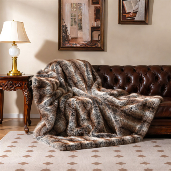 棕色灰褐色780GSM假狐皮毯60“x80”双面PV羊毛衬里毯-8