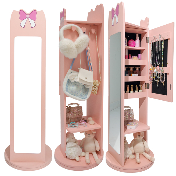 粉色 蝴蝶结元素 密度板 喷漆 1门1层架 底部可旋转 儿童饰品镜柜-14