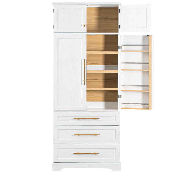 78.2英寸高乡村风格厨房储物柜，配有8个门内置物架、3个可调节搁板和3个大抽屉，多功能储物柜，适用于厨房、餐厅和浴室，复古白色。-9