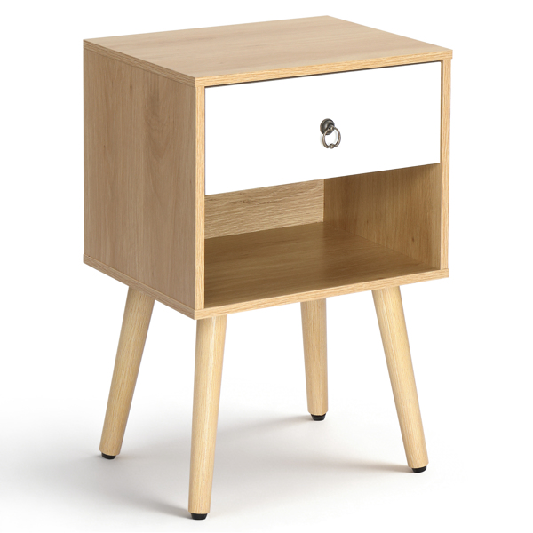 白色+橡木色 P2刨花板+实木腿 贴麻面三胺 拉环拉手 38*30*55cm 一抽带下隔层 床头柜 1PC-18