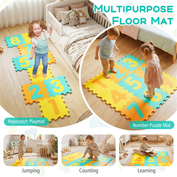 黄色儿童婴儿床泡沫垫，带9块联锁瓷砖和3个标记盘，适合10个月大的幼儿防滑游戏垫+-10