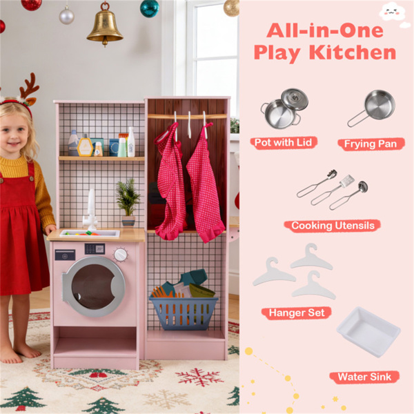 粉色双面儿童游戏厨房，配有饮水机和抽油烟机，适合3岁以上儿童使用-12