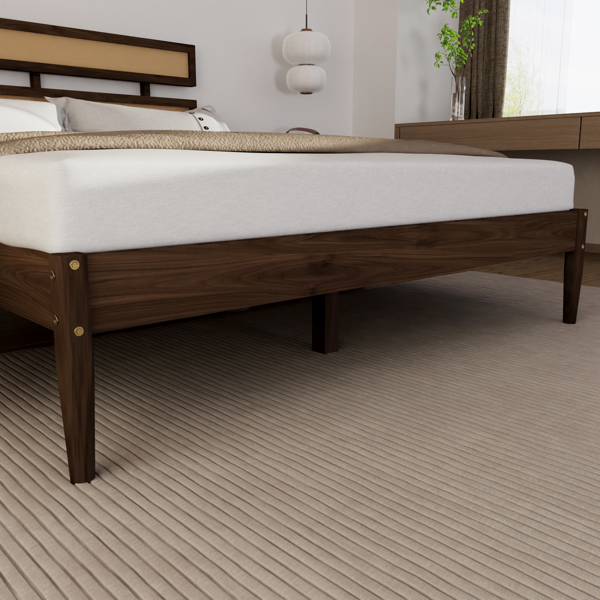 深胡桃木 油漆面+藤编 松木 双床头板 King 木床 波西米亚风 XP000470103-4