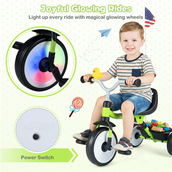 彩虹LED车轮幼儿三轮车、碳钢框架可折叠三合一平衡自行车、可拆卸踏板和后储物篮-绿色-8