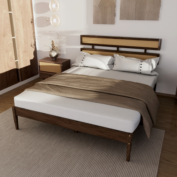 深胡桃木 油漆面+藤编 松木 双床头 Queen 木床  波西米亚风 XP000470102-4