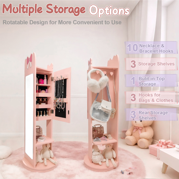 粉色 蝴蝶结元素 密度板 喷漆 1门1层架 底部可旋转 儿童饰品镜柜-15