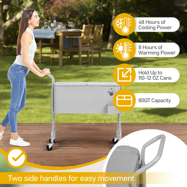 80QT  银灰色  麻花设计腿型 单边上下翻盖  冷冻保温推车  106X39X91.5cm  长方形  铁  不带托盘 带排水管-2