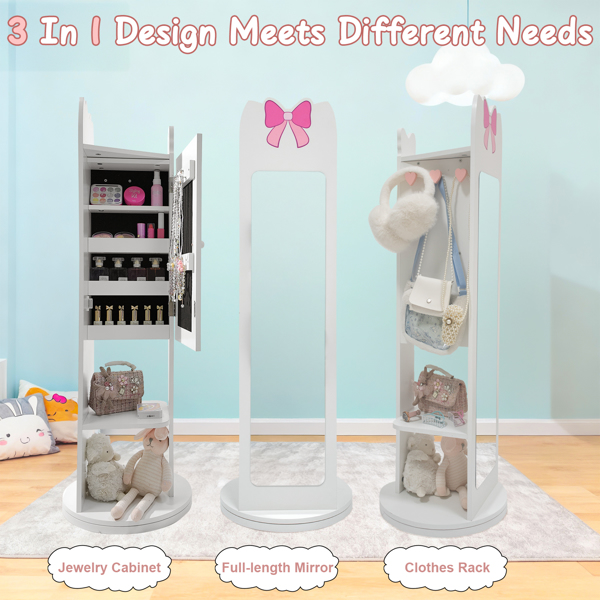 白色 蝴蝶结元素 密度板 喷漆 1门1层架 儿童饰品镜柜 底部可旋转-8