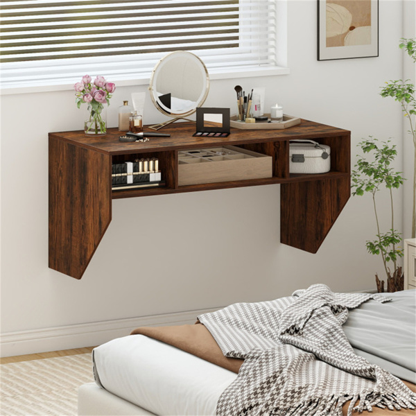 棕色壁挂式浮动电脑桌，带3-Cube存储空间，坚固的木制工作站，适合家庭办公-7