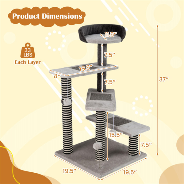37英寸高猫楼梯带抓地垫的-三层栖息、弹簧球和猫摇摆玩具-6