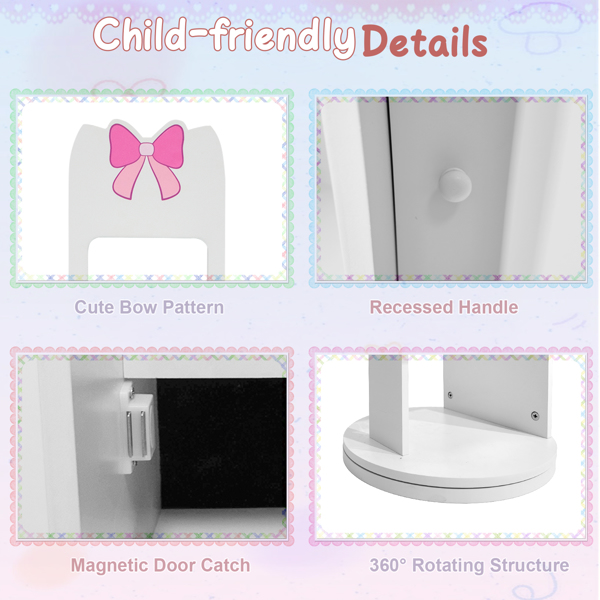 白色 蝴蝶结元素 密度板 喷漆 1门1层架 儿童饰品镜柜 底部可旋转-13