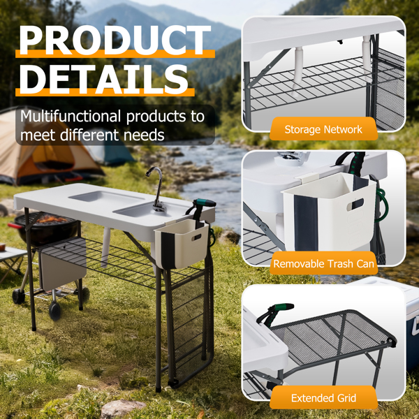 108*58*92cm 带69*42*76cm拓展网架  可折叠 白色 户外杀鱼桌 HDPE 长方形 带折叠水龙头 喷枪套件 折叠垃圾桶 铁丝网架-7