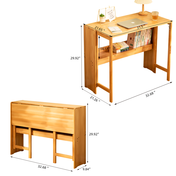 竹制折叠书桌，节省空间的电脑桌，适用于小空间，可折叠学习桌，适合卧室、家庭办公室、宿舍、公寓使用，天然原木色。-9