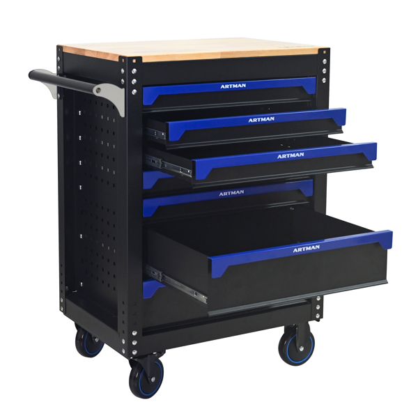 30英寸7抽屉木质台面实用型带轮钢制工具车，配有把手和轮子，适用于车库、仓库、维修店等场所的储物柜，工具车需自行组装 - 黑蓝色-1