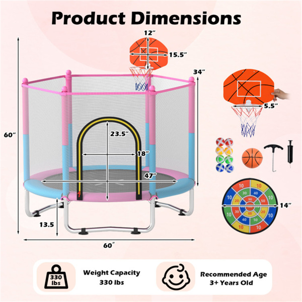 3合1儿童蹦床60英寸，带篮球圈和飞镖板，无间隙跳垫，适合3-6岁幼儿蹦床-4
