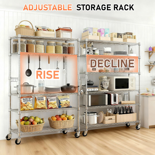  六层自由组合拆装带1排侧边挂钩  带调节脚与轮   铁 可自由调节层间距 家用层架 117*45*208cm 烤漆银 N001-21