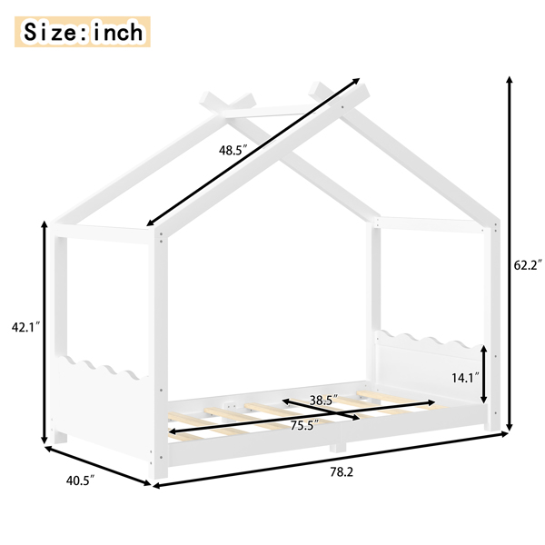 双人房型落地床，带支撑板条，实木儿童房床架，无需弹簧床垫，开放式结构，白色-4
