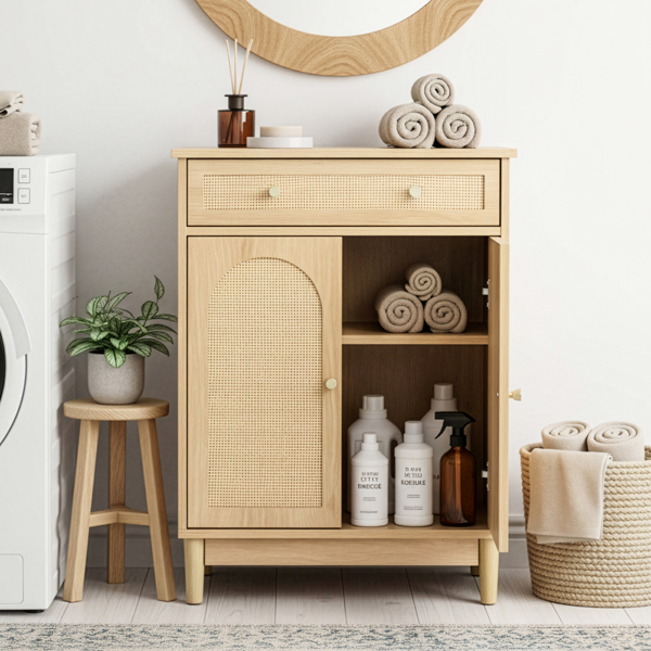 原木色   刨花板三胺贴面带藤面 60*30*80cm 1抽2门 浴室立柜-1