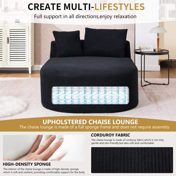 67.5英寸贵妃椅，46英寸宽座椅，室内灯芯绒超大号沙发床，适合客厅，深座设计，配有两个柔软靠枕，可转换无骨架沙发床，黑色，无需组装。-6