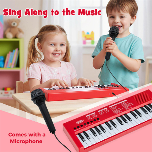 红色37键儿童电子键盘，带麦克风，8个音调和8个节奏钢琴玩具，适合3岁儿童+-9
