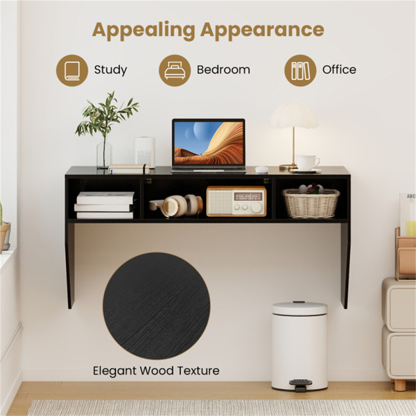 黑色壁挂式浮动电脑桌，带3-Cube存储空间，坚固的木制工作站，适合家庭办公-5