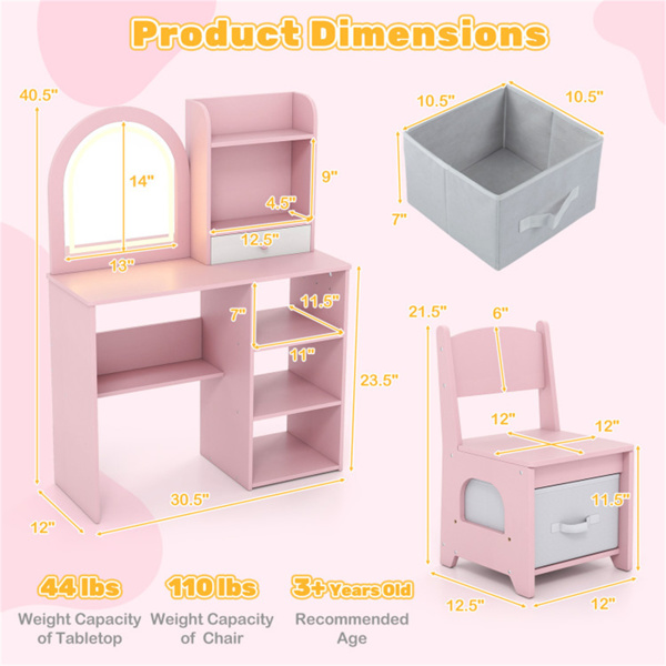 二合一儿童梳妆台和写字台套装-LED照明防碎镜（3种颜色模式），粉红色-5