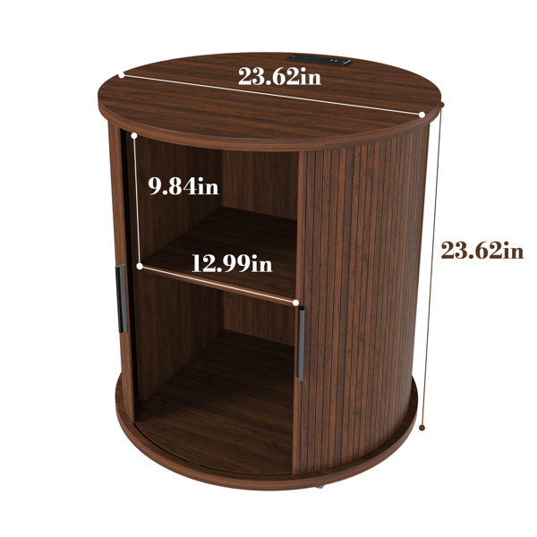 中世纪现代风格圆柱形茶几，内置充电站和推拉门，双层储物圆形床头柜，带USB接口，胡桃木材质，适用于客厅、卧室、玄关。-11