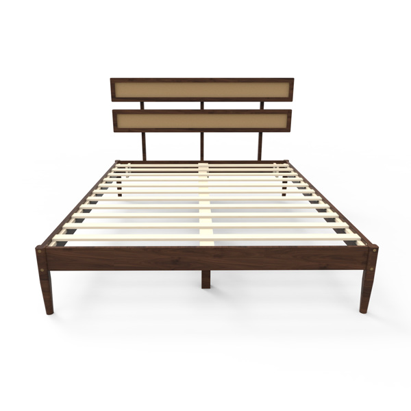 深胡桃木 油漆面+藤编 松木 双床头 Queen 木床  波西米亚风 XP000470102-9