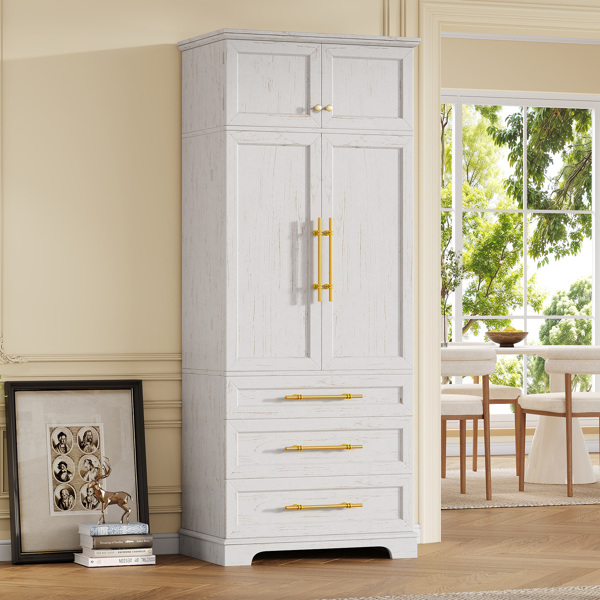 78.2英寸高乡村风格厨房储物柜，配有8个门内置物架、3个可调节搁板和3个大抽屉，多功能储物柜，适用于厨房、餐厅和浴室，复古白色。-7