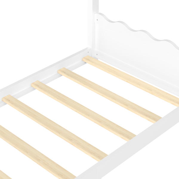 双人房型落地床，带支撑板条，实木儿童房床架，无需弹簧床垫，开放式结构，白色-12